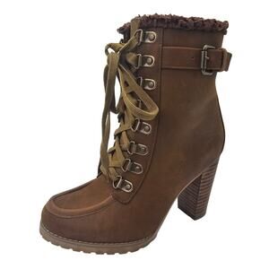 Charles David Brown Leather Heeled Bootie Sherpa Lining Zip Lace Up Women's 5.5